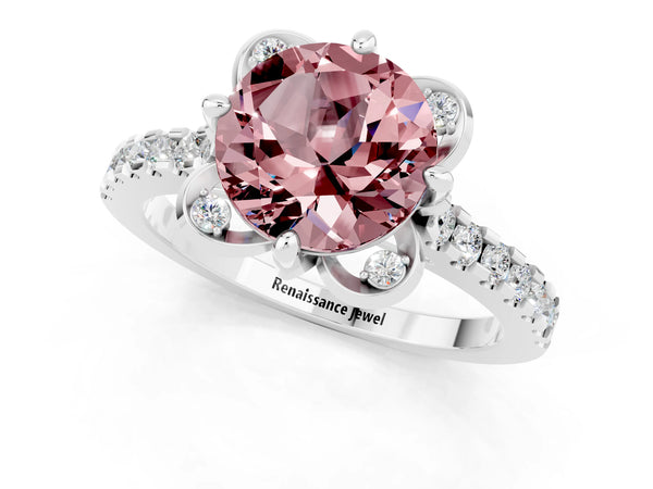 Silver Round Cut Morganite Ring with Pavé Band and Floral Prong Setting