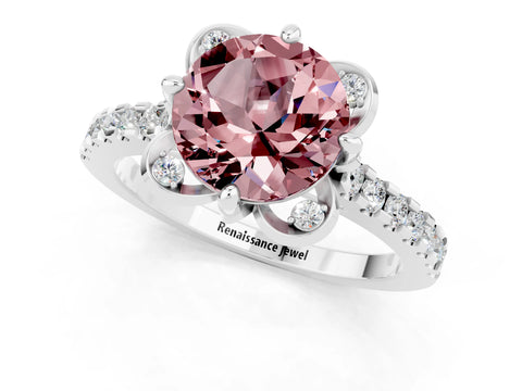 White gold Round Cut Morganite Ring with Pavé Band and Floral Prong Setting_1