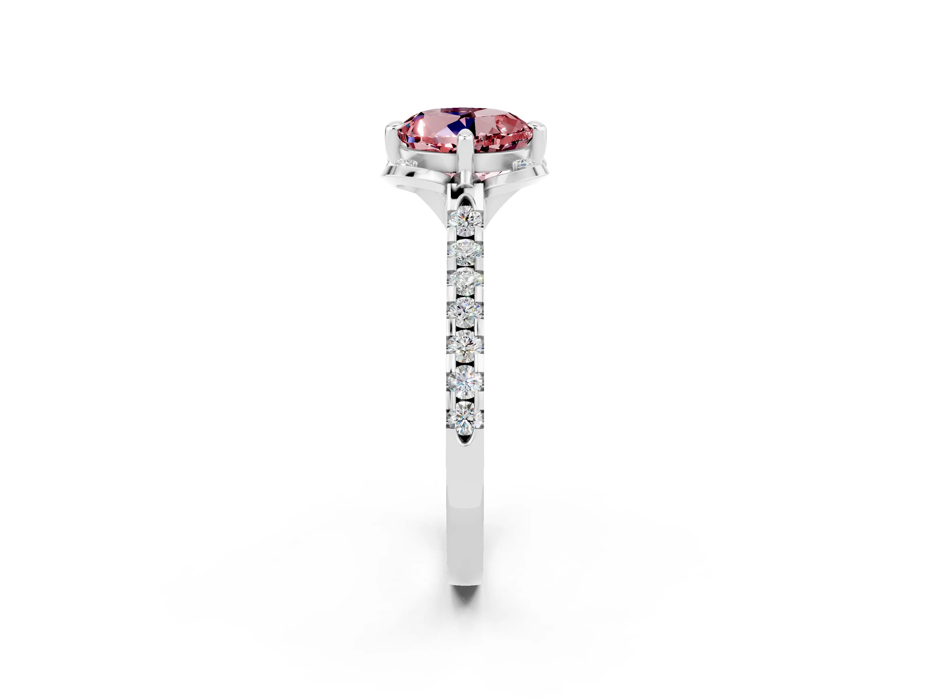 White gold Round Cut Morganite Ring with Pavé Band and Floral Prong Setting_2