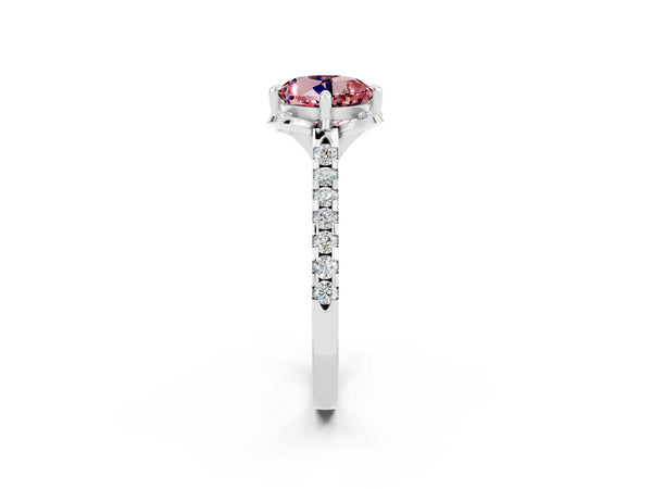 Platinum Round Cut Morganite Ring with Pavé Band and Floral Prong Setting