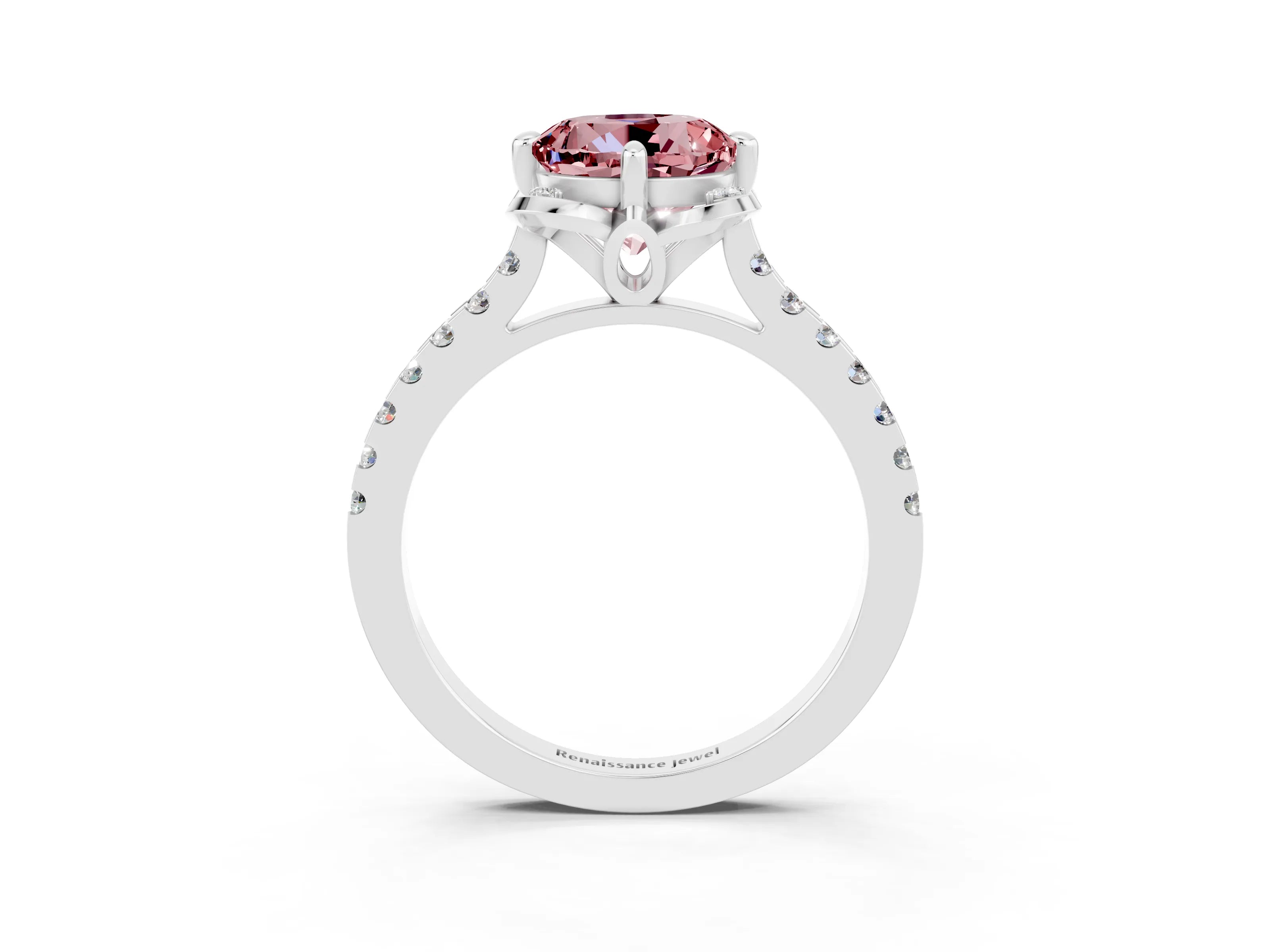White gold Round Cut Morganite Ring with Pavé Band and Floral Prong Setting_3