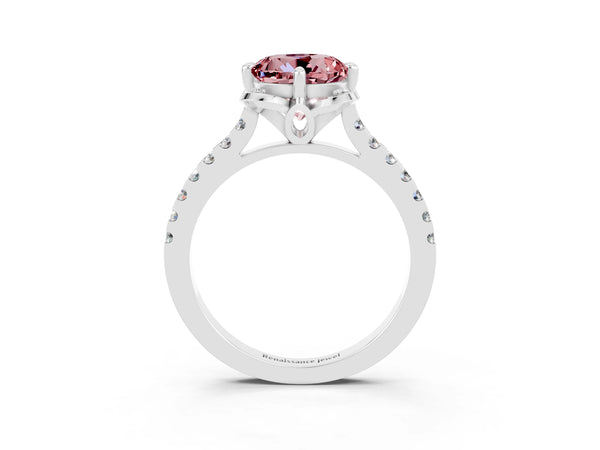 Silver Round Cut Morganite Ring with Pavé Band and Floral Prong Setting