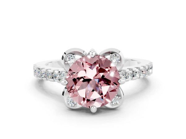 Silver Round Cut Morganite Ring with Pavé Band and Floral Prong Setting