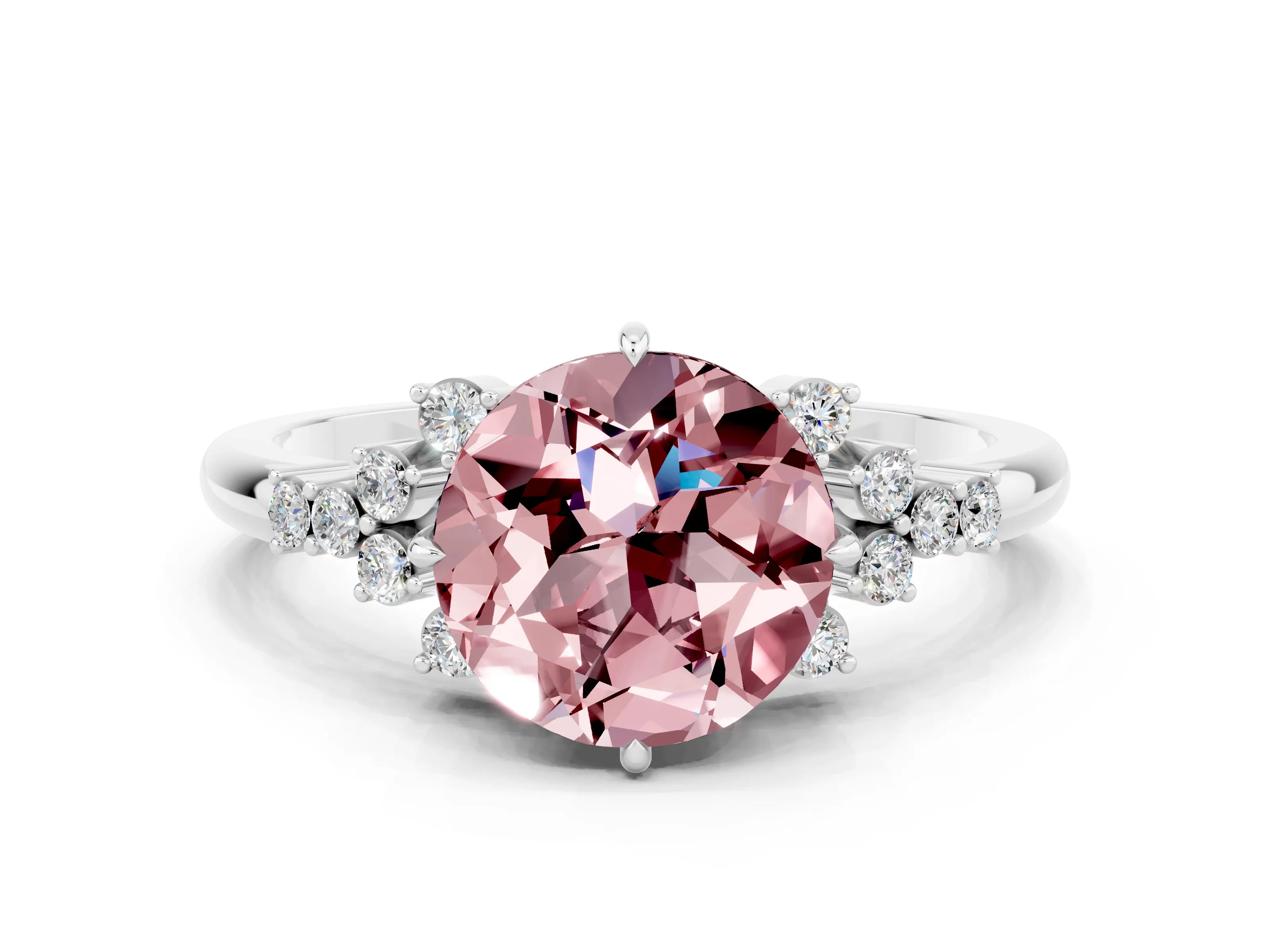 White gold Round Cut Morganite Ring with Side Stones and Four-Prong Setting_36