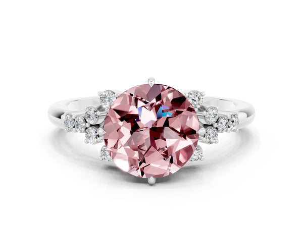 Platinum Round Cut Morganite Ring with Side Stones and Four-Prong Setting