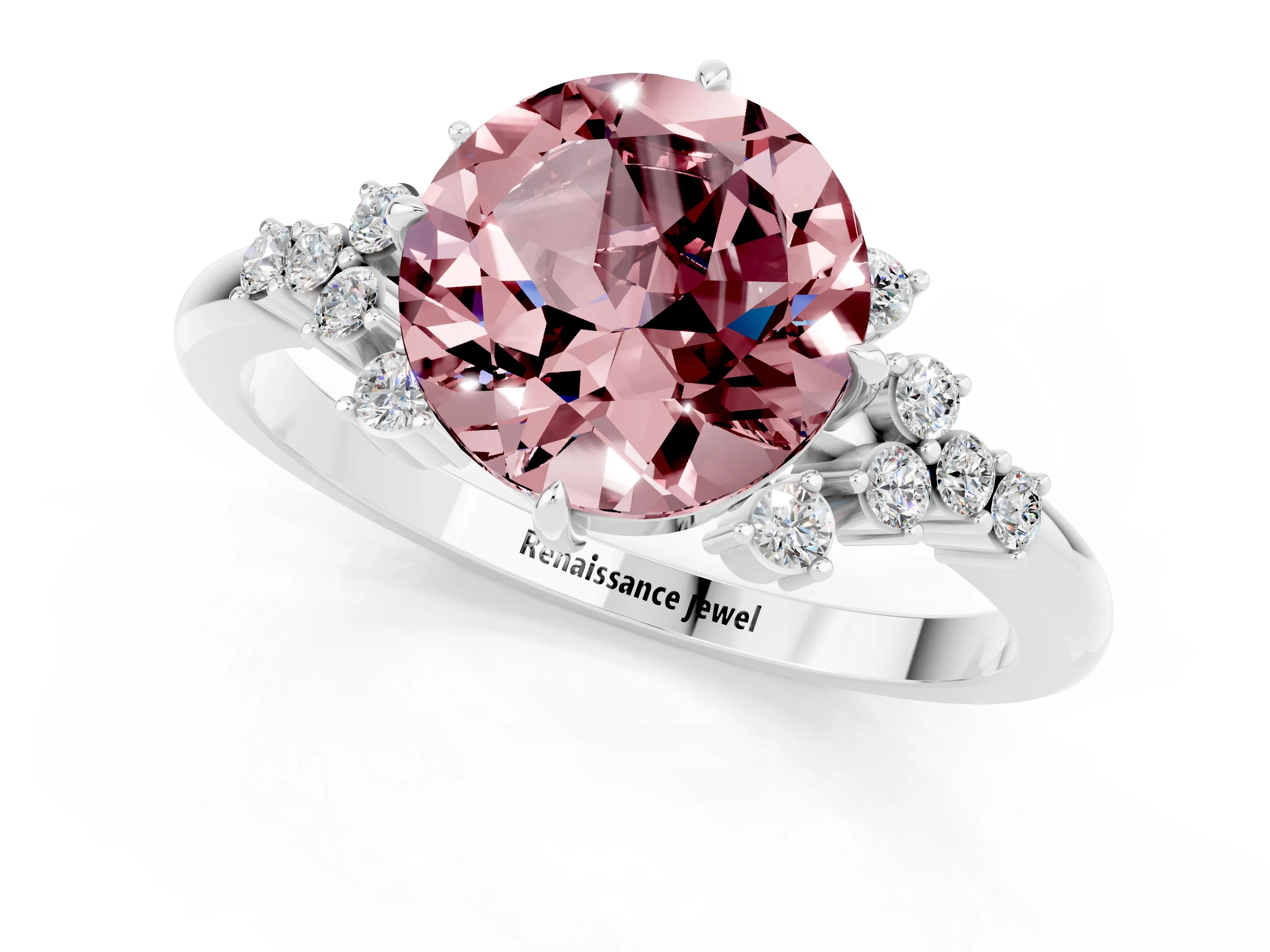 White gold Round Cut Morganite Ring with Side Stones and Four-Prong Setting_37
