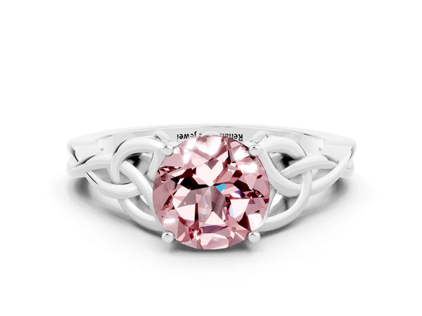 Silver Round Cut Morganite Solitaire Celtic Knot Ring with Four-Prong Setting