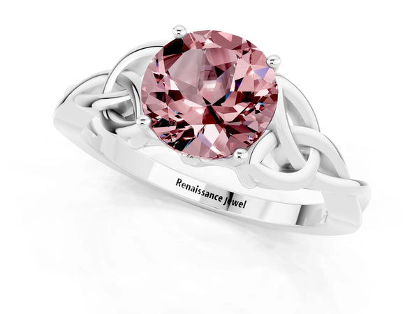 Silver Round Cut Morganite Solitaire Engagement Ring with Celtic Knot Band and Four-Prong Setting