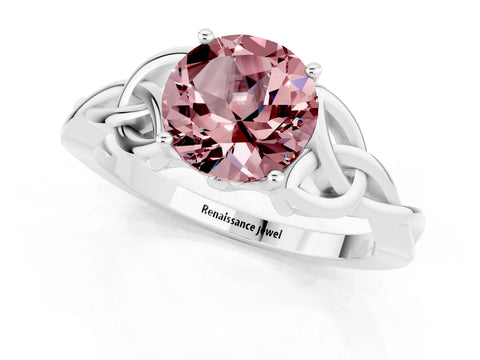 White gold Round Cut Morganite Solitaire Engagement Ring with Celtic Knot Band and Four-Prong Setting_1
