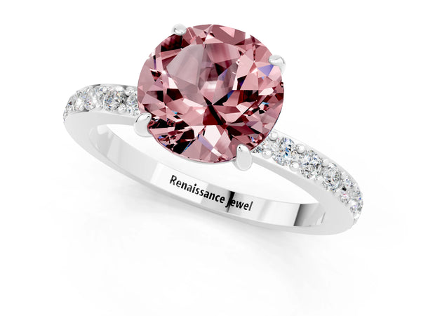 Platinum Round Cut Morganite Solitaire Engagement Ring with Pavé Band and Four-Prong Setting