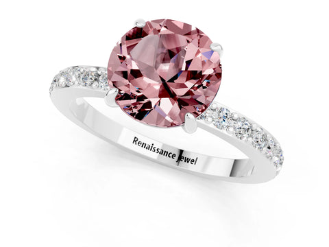 White gold Round Cut Morganite Solitaire Engagement Ring with Pavé Band and Four-Prong Setting_1