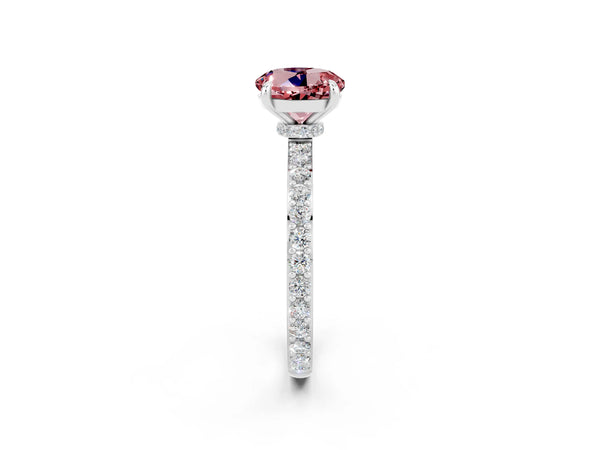 Silver Round Cut Morganite Solitaire Engagement Ring with Pavé Band and Four-Prong Setting