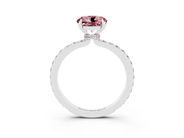 Silver Round Cut Morganite Solitaire Engagement Ring with Pavé Band and Four-Prong Setting