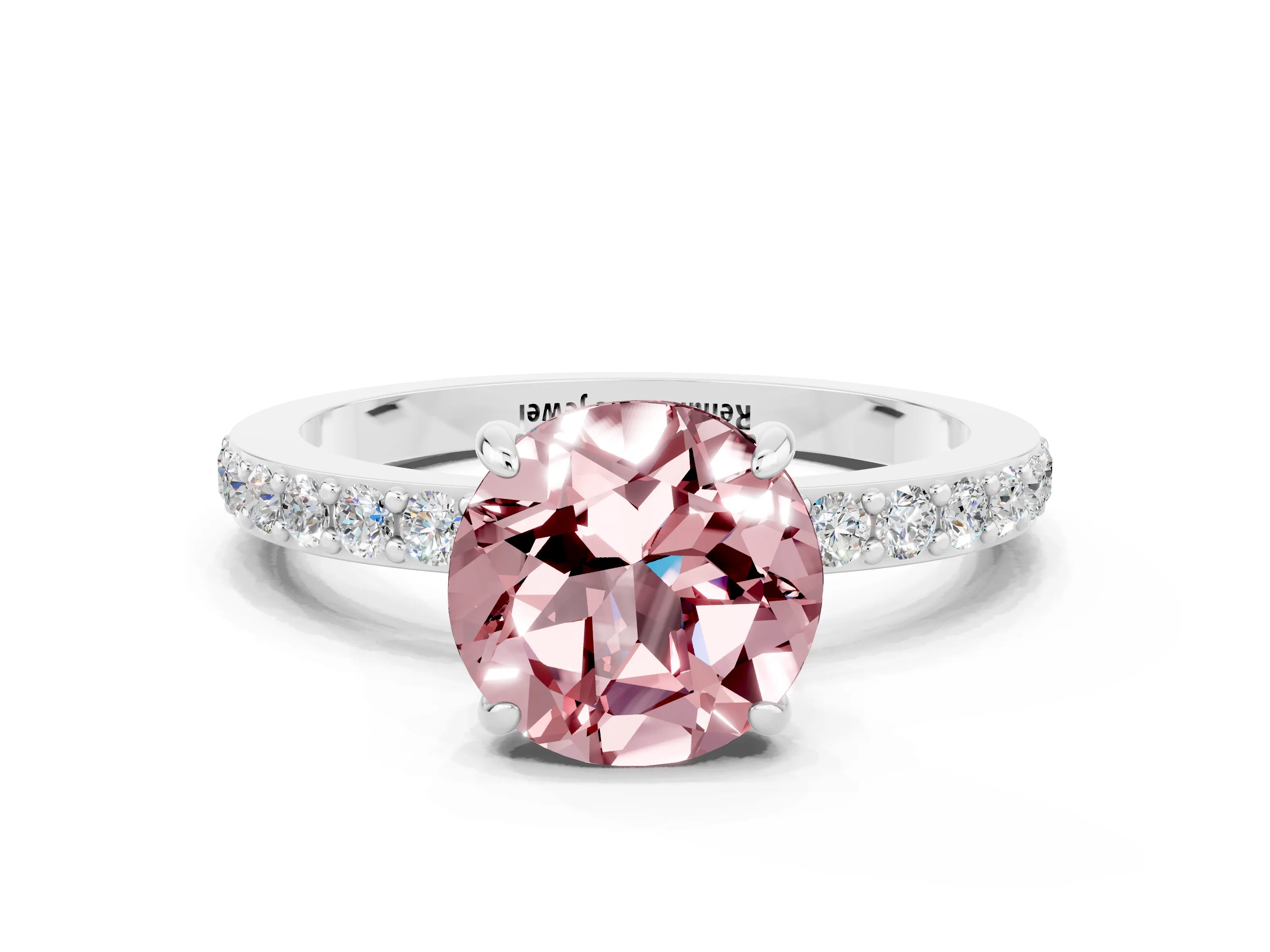 White gold Round Cut Morganite Solitaire Engagement Ring with Pavé Band and Four-Prong Setting
