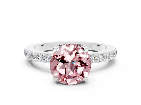 White gold Round Cut Morganite Solitaire Engagement Ring with Pavé Band and Four-Prong Setting
