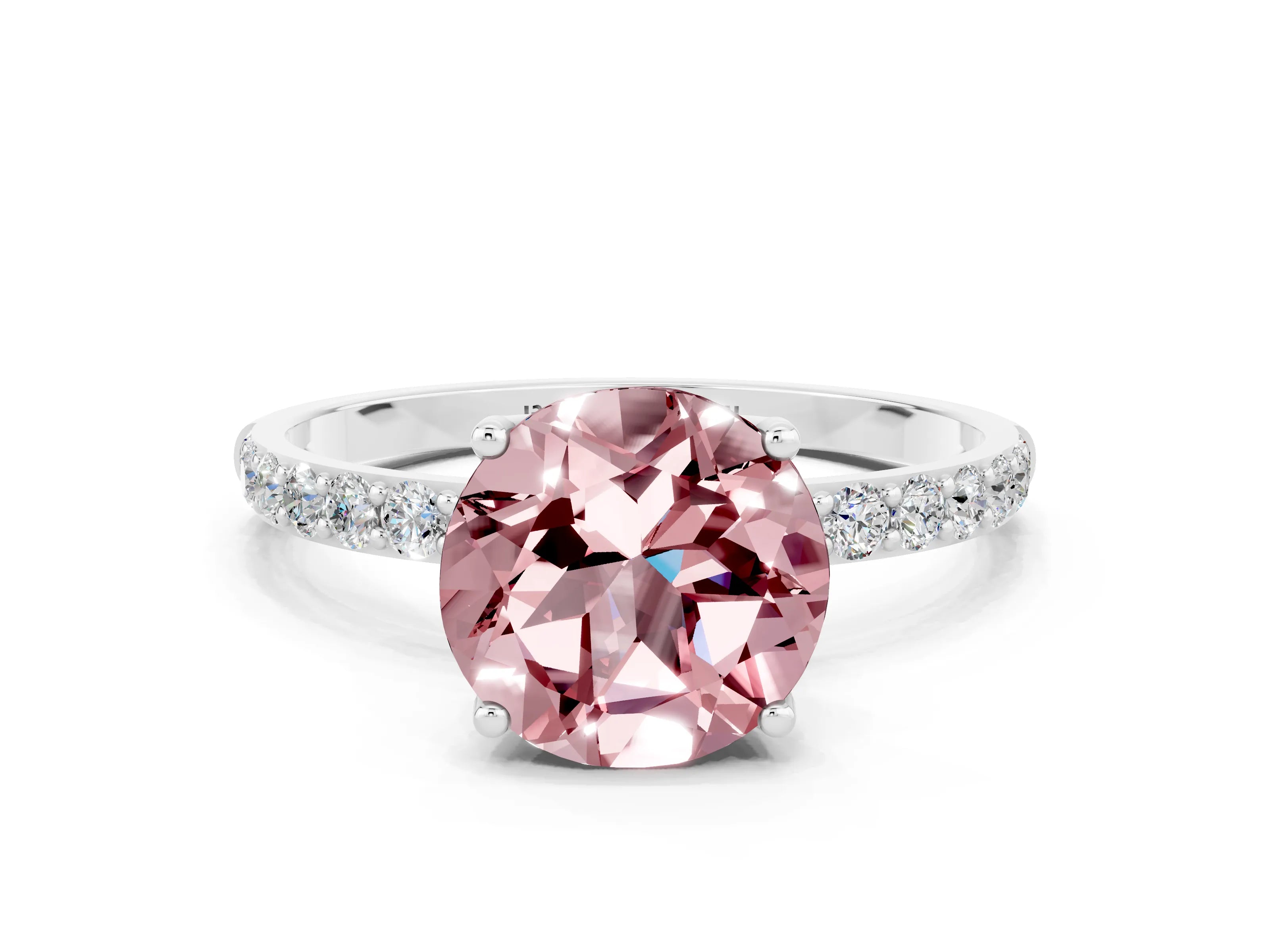 White gold Round Cut Morganite Solitaire Engagement Ring with Pavé Band and Prong Setting