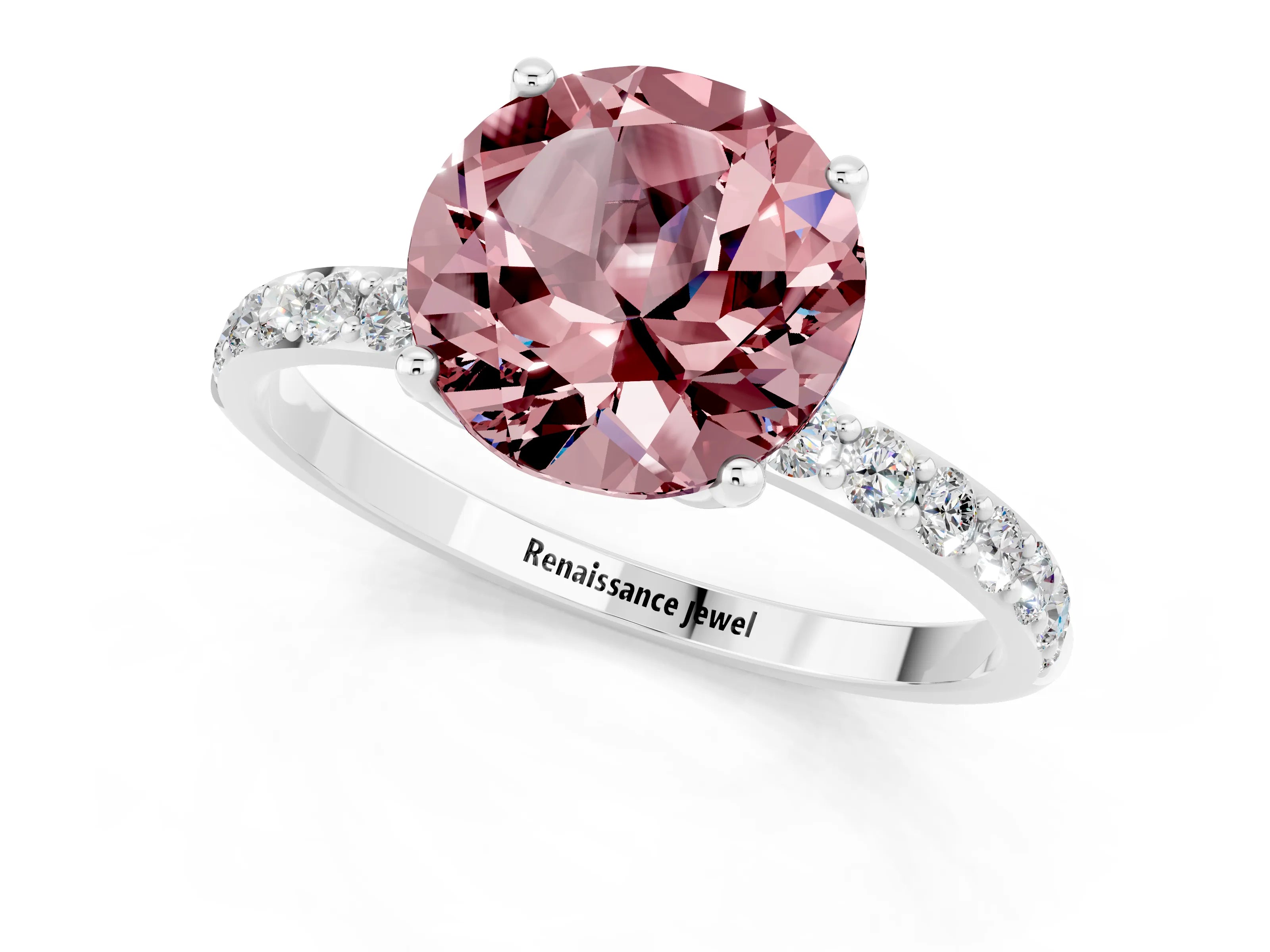 White gold Round Cut Morganite Solitaire Engagement Ring with Pavé Band and Prong Setting_1