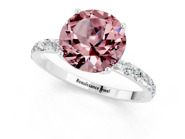 Platinum Round Cut Morganite Solitaire Engagement Ring with Round  Pavé Band and Prong Setting