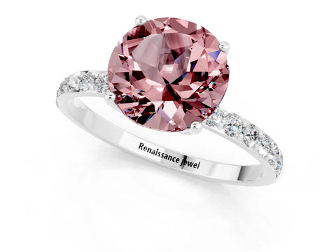 White gold Round Cut Morganite Solitaire Engagement Ring with Pavé Band and Prong Setting_1
