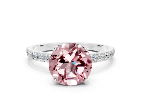 White gold Round Cut Morganite Solitaire Engagement Ring with Pavé Band and Prong Setting