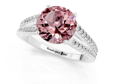 White gold Round Cut Morganite Solitaire Engagement Ring with Split Shank Pavé Band_1