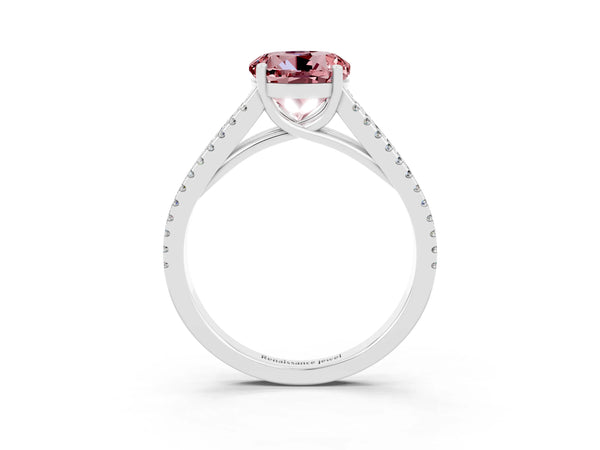 Platinum Round Cut Morganite Solitaire Engagement Ring with Split Shank Pavé Band