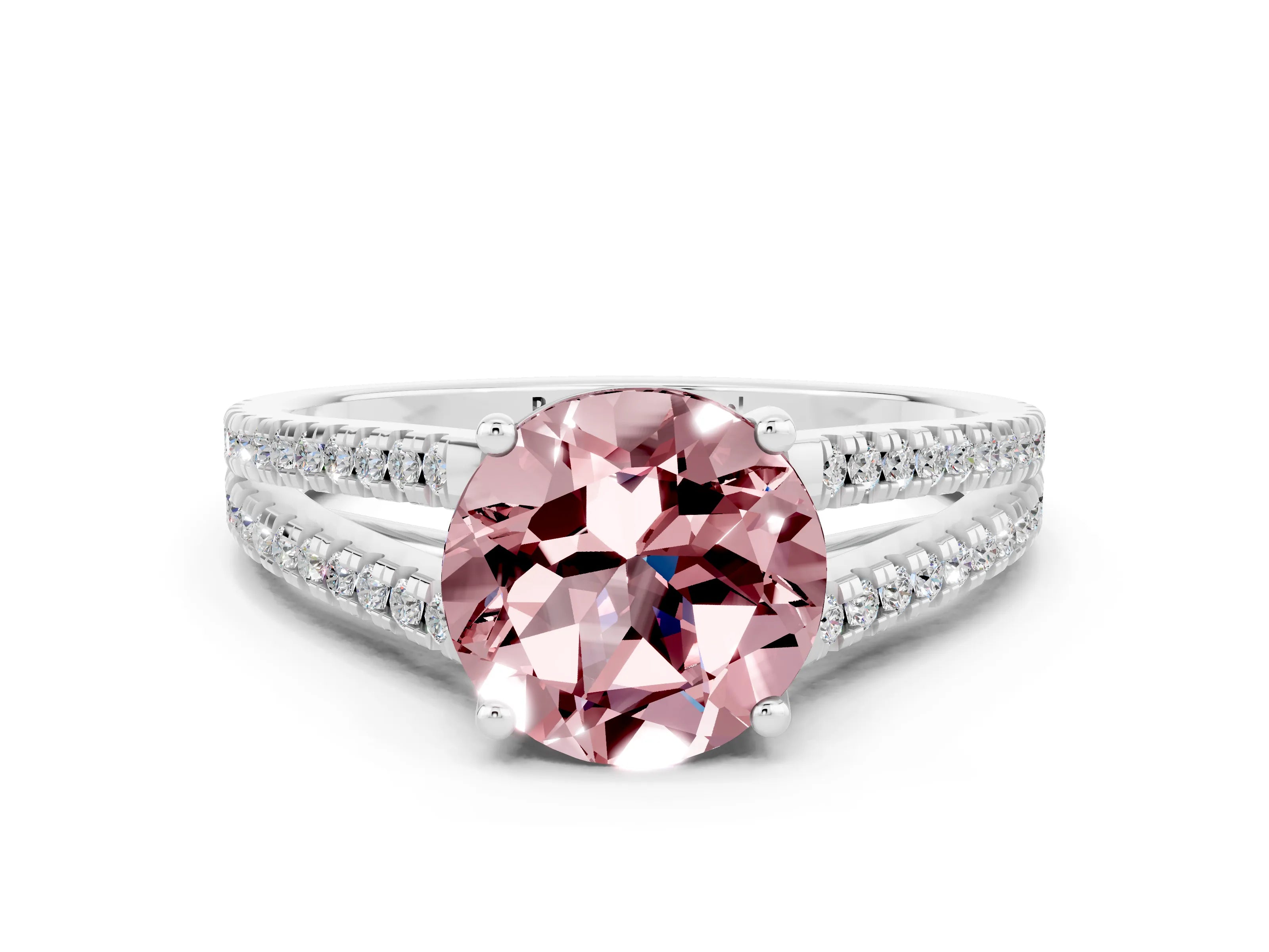 White gold Round Cut Morganite Solitaire Engagement Ring with Split Shank Pavé Band