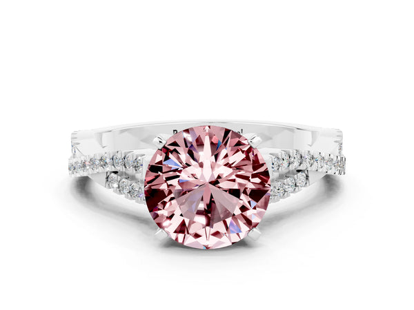 Platinum Round Cut Morganite Solitaire Engagement Ring with Twisted Pavé Band and Four-Prong Setting