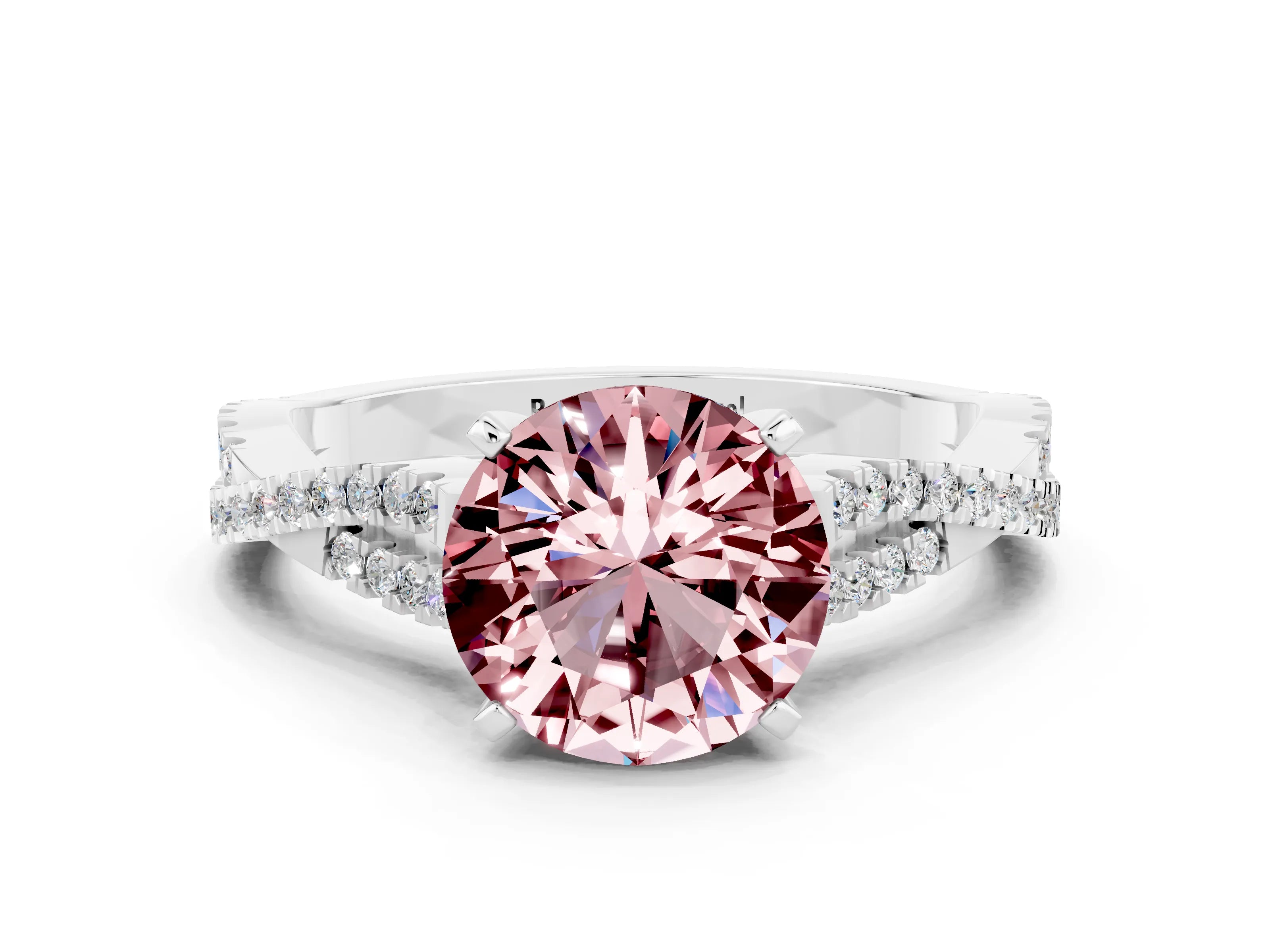 White gold Round Cut Morganite Solitaire Engagement Ring with Twisted Pavé Band and Four-Prong Setting_12