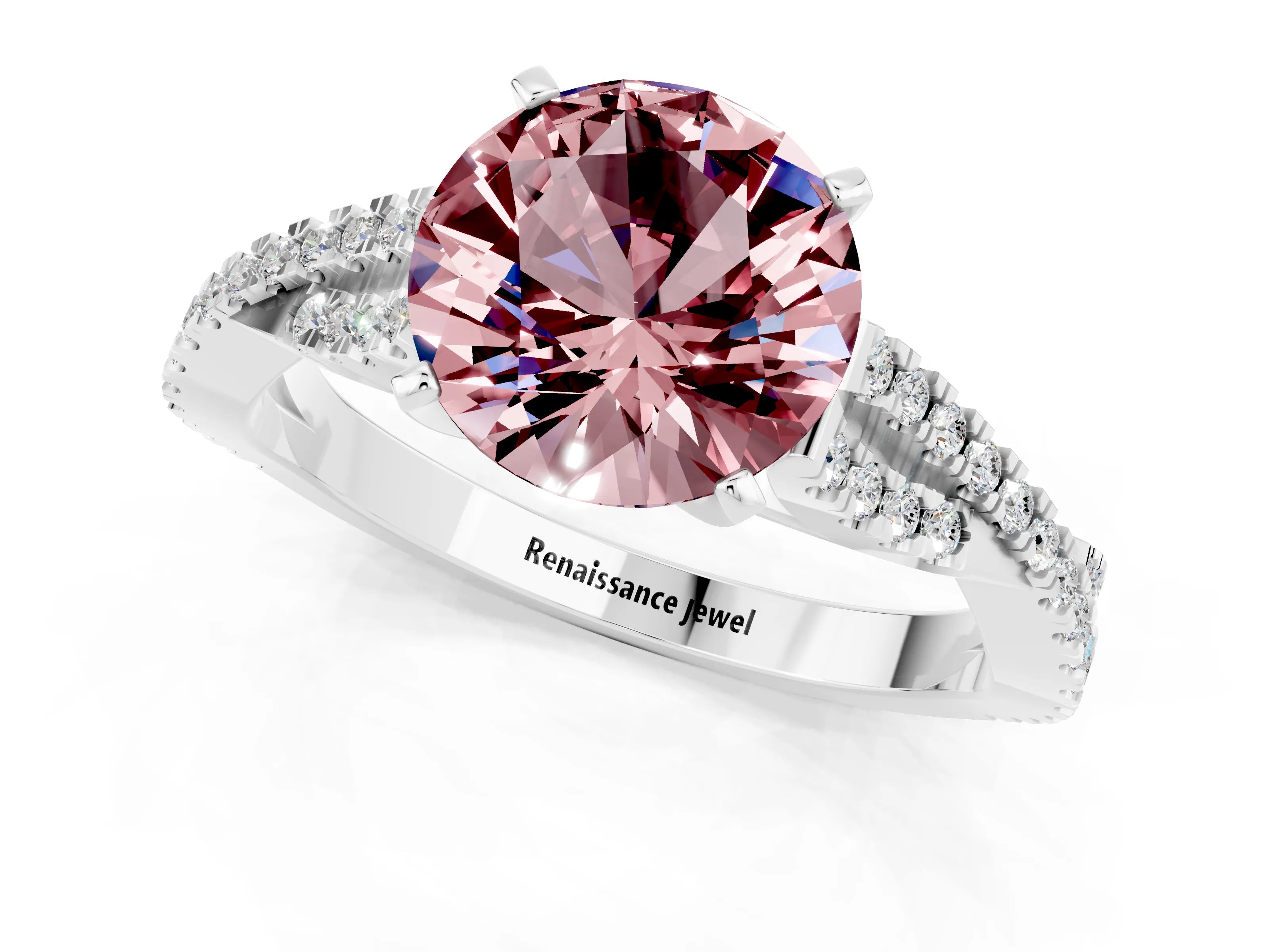 White gold Round Cut Morganite Solitaire Engagement Ring with Twisted Pavé Band and Four-Prong Setting_13