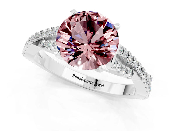 Silver Round Cut Morganite Solitaire Engagement Ring with Twisted Pavé Band and Four-Prong Setting