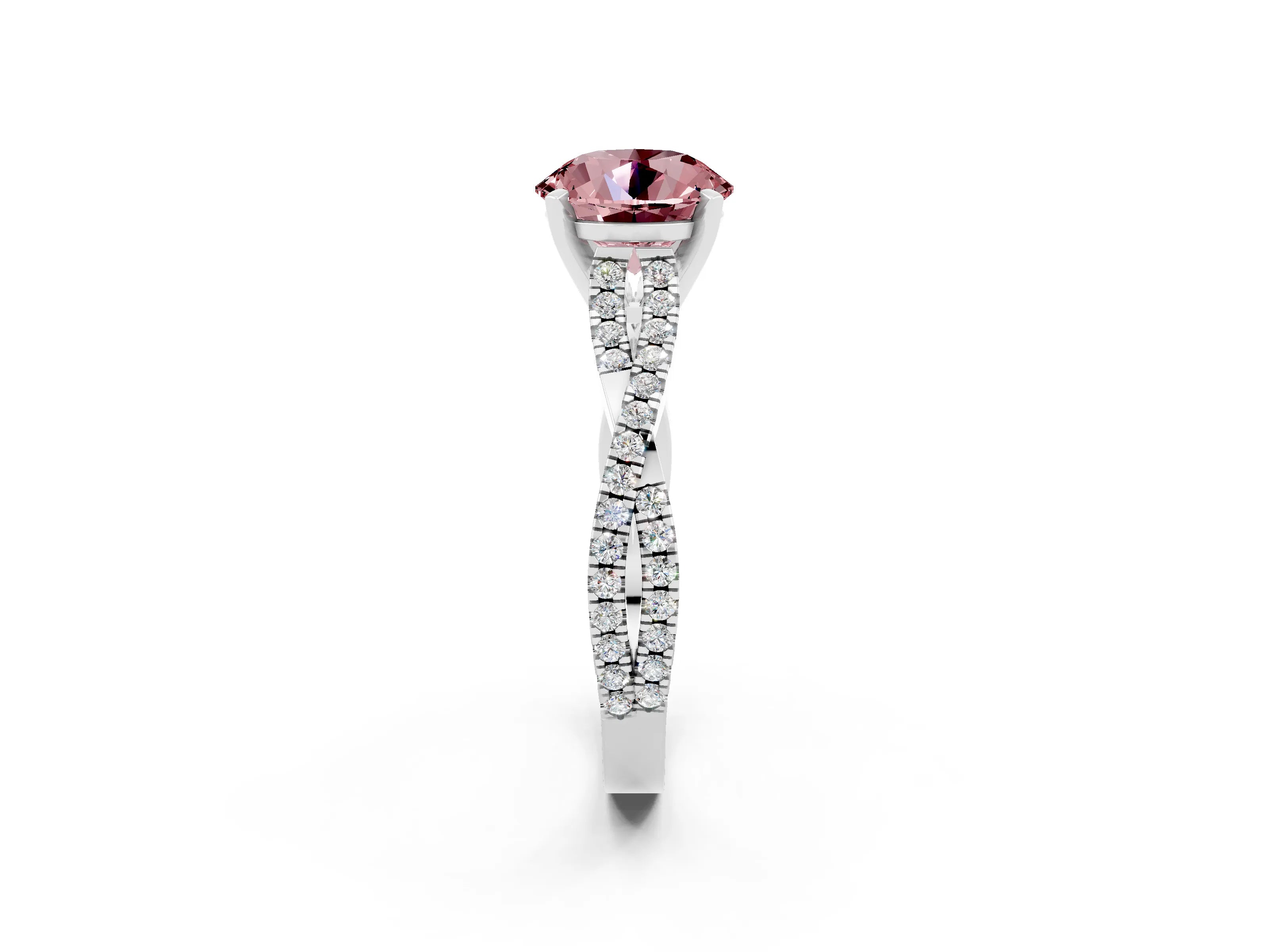 White gold Round Cut Morganite Solitaire Engagement Ring with Twisted Pavé Band and Four-Prong Setting_14