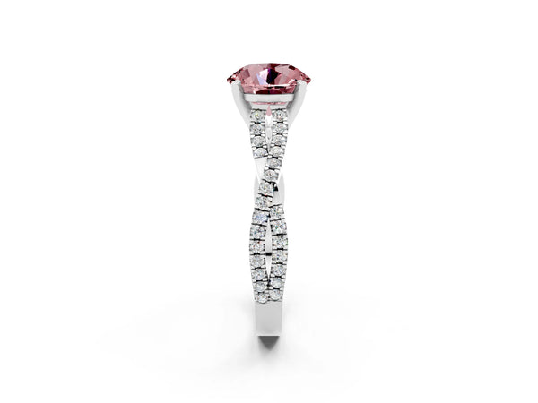 Platinum Round Cut Morganite Solitaire Engagement Ring with Twisted Pavé Band and Four-Prong Setting