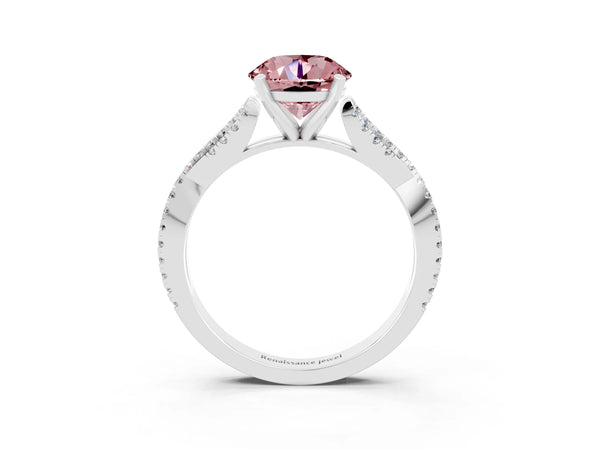 Platinum Round Cut Morganite Solitaire Engagement Ring with Twisted Pavé Band and Four-Prong Setting