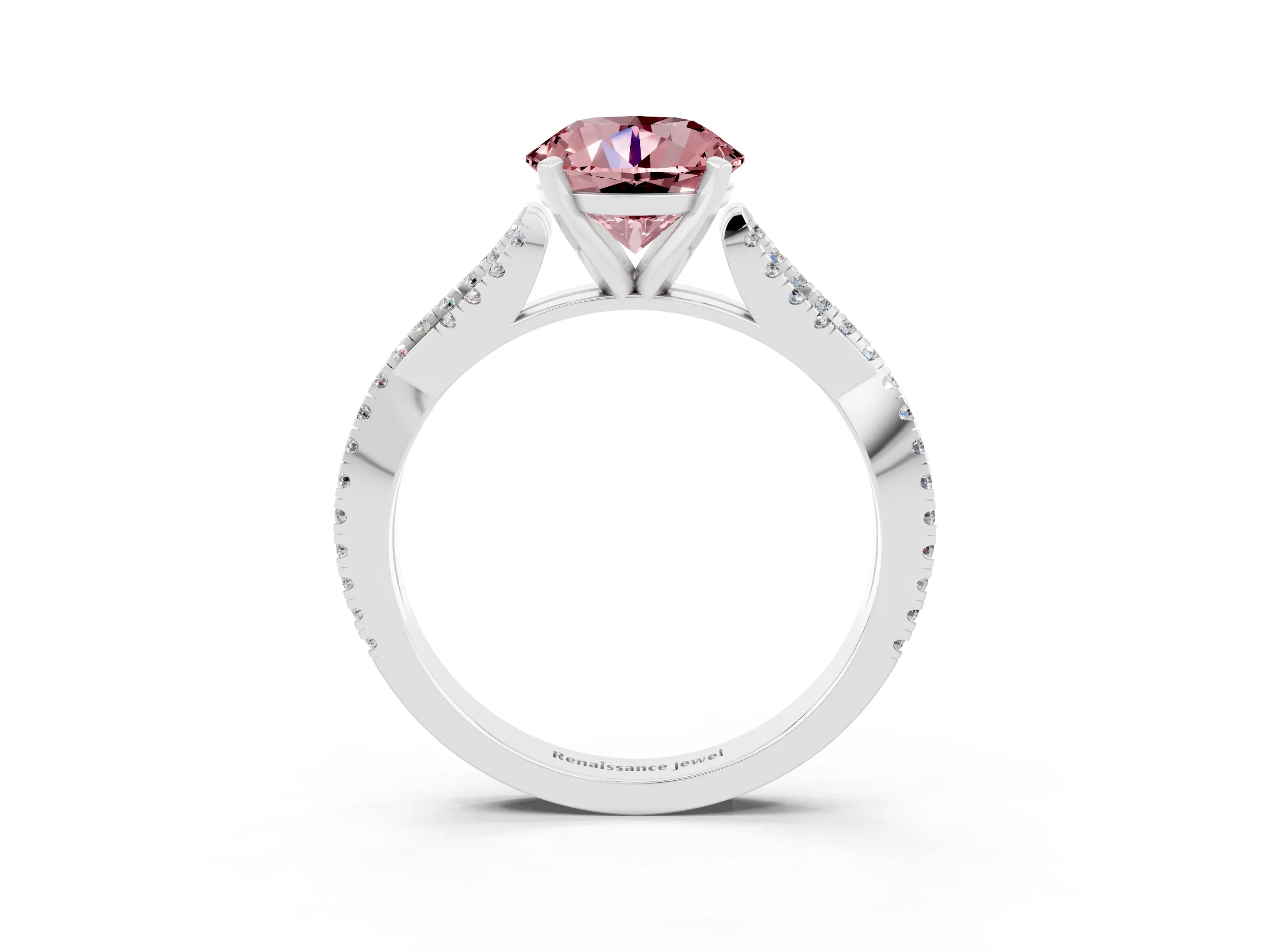 White gold Round Cut Morganite Solitaire Engagement Ring with Twisted Pavé Band and Four-Prong Setting_15