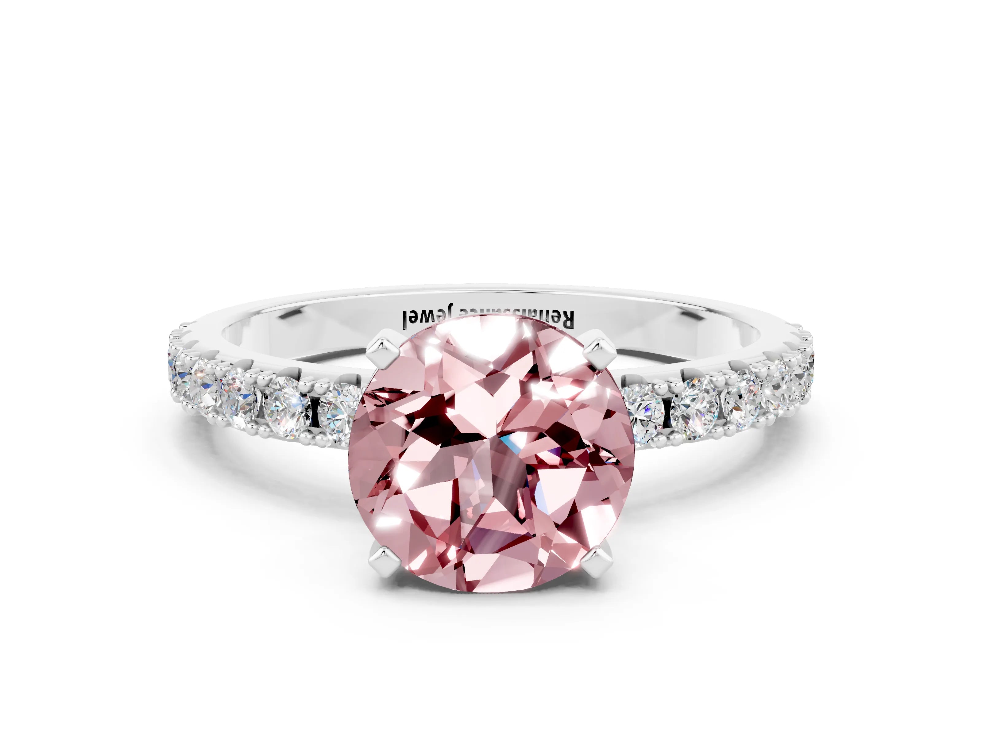 White gold Round Cut Morganite Solitaire Pavé Band with Four-Prong Setting