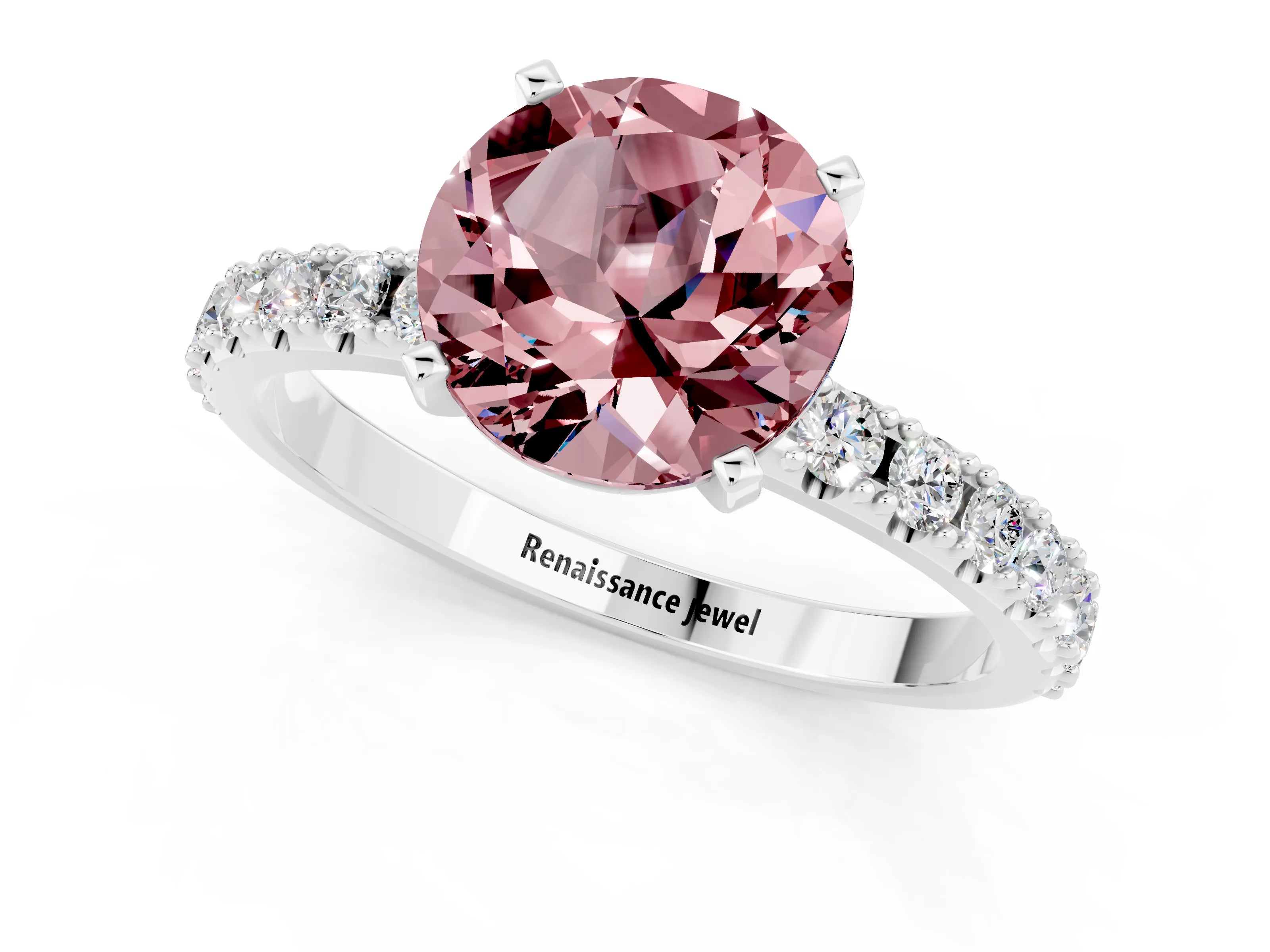 White gold Round Cut Morganite Solitaire Pavé Band with Four-Prong Setting_1