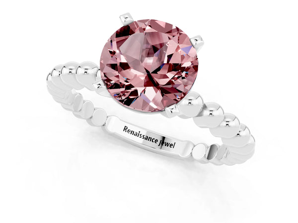 Platinum Round Cut Morganite Solitaire Ring with Beaded Band and Prong Setting