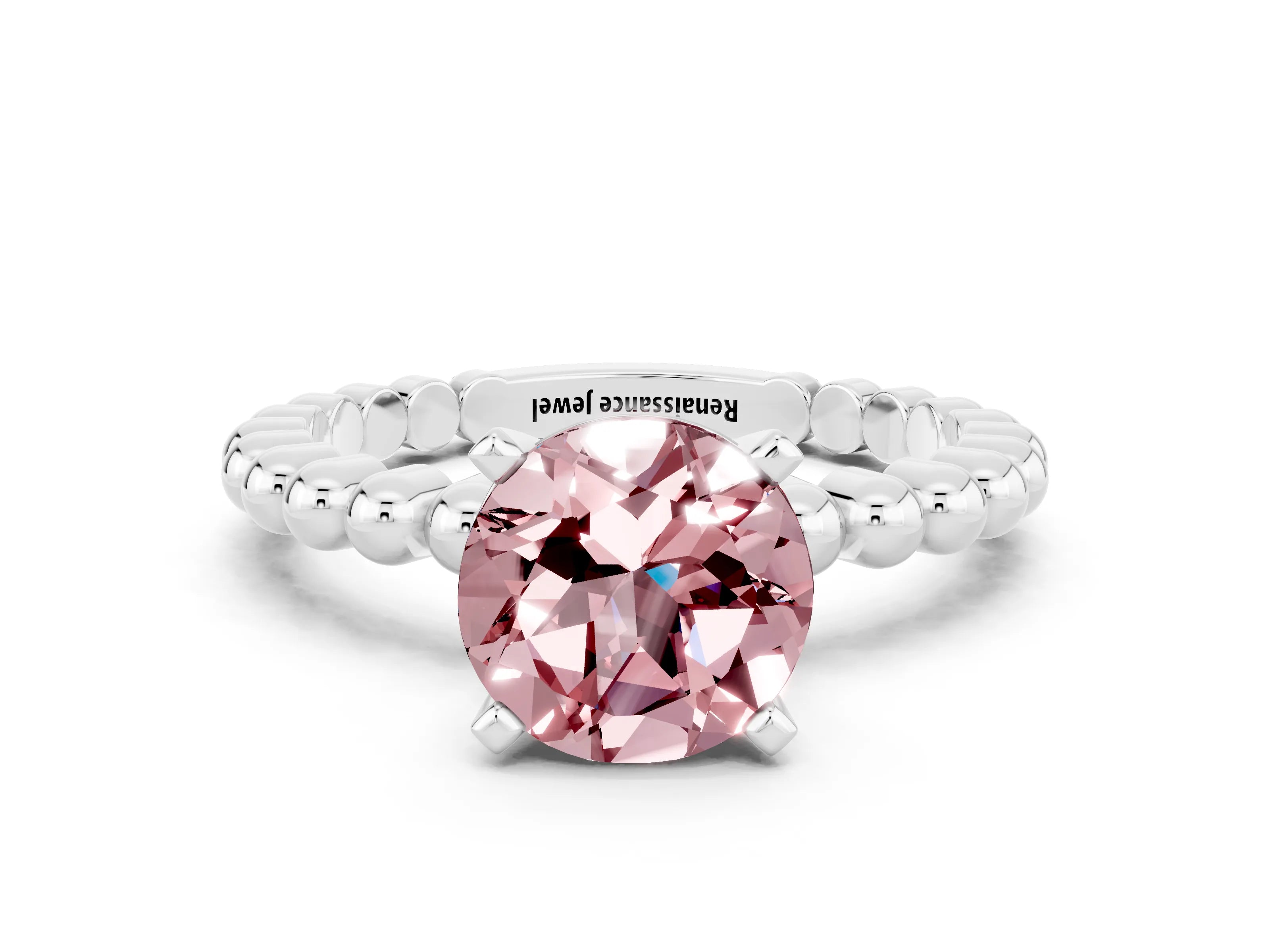 White gold Round Cut Morganite Solitaire Ring with Beaded Band and Prong Setting_12