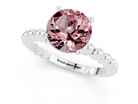 White gold Round Cut Morganite Solitaire Ring with Beaded Band and Prong Setting_13