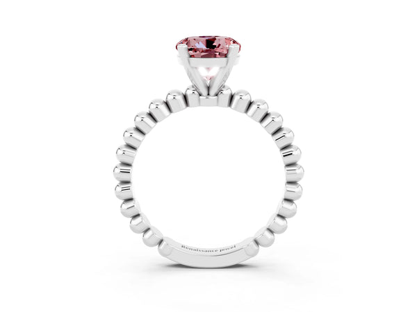 Platinum Round Cut Morganite Solitaire Ring with Beaded Band and Prong Setting