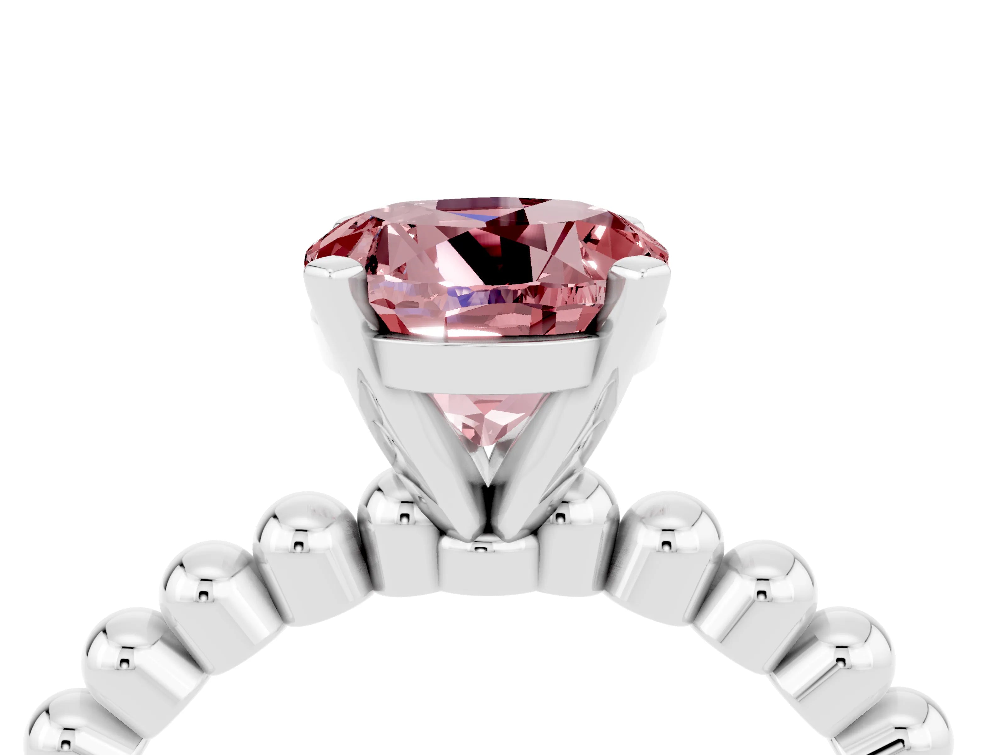 White gold Round Cut Morganite Solitaire Ring with Beaded Band and Prong Setting_4