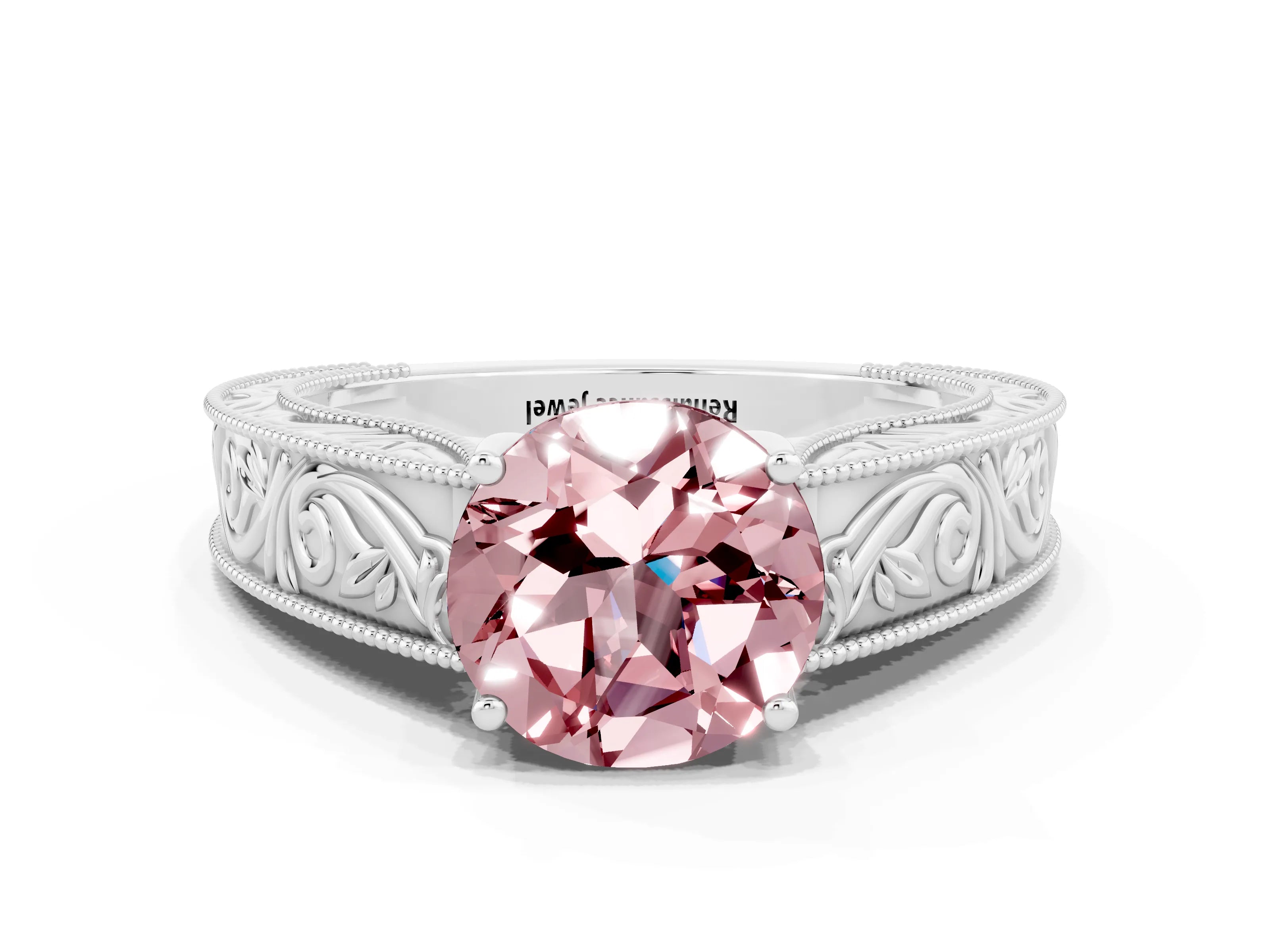 White gold Round Cut Morganite Solitaire Ring with Engraved Band and Four-Prong Setting