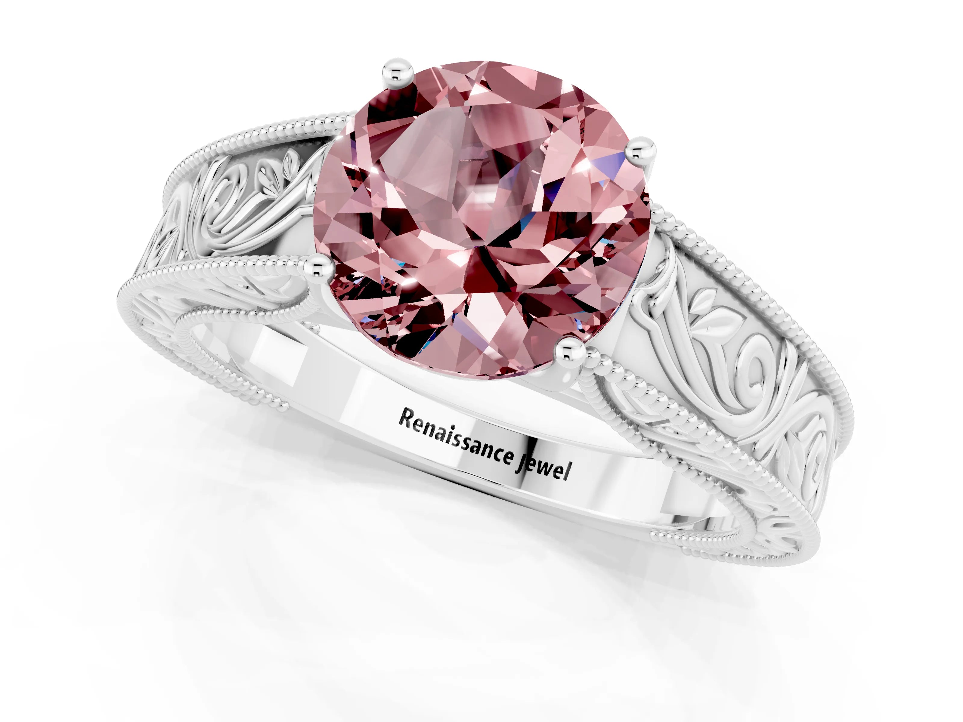White gold Round Cut Morganite Solitaire Ring with Engraved Band and Four-Prong Setting_1