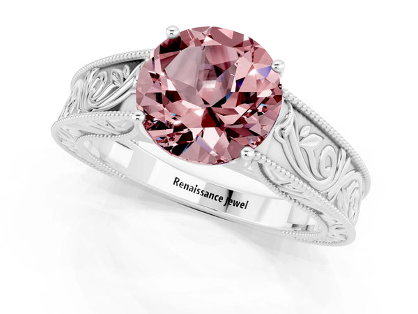 White gold Round Cut Morganite Solitaire Ring with Engraved Band and Four-Prong Setting