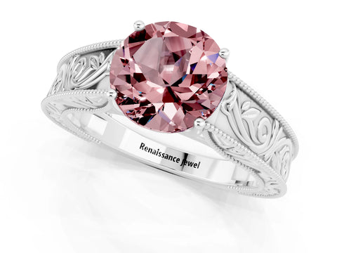 White gold Round Cut Morganite Solitaire Ring with Engraved Band and Four-Prong Setting_1