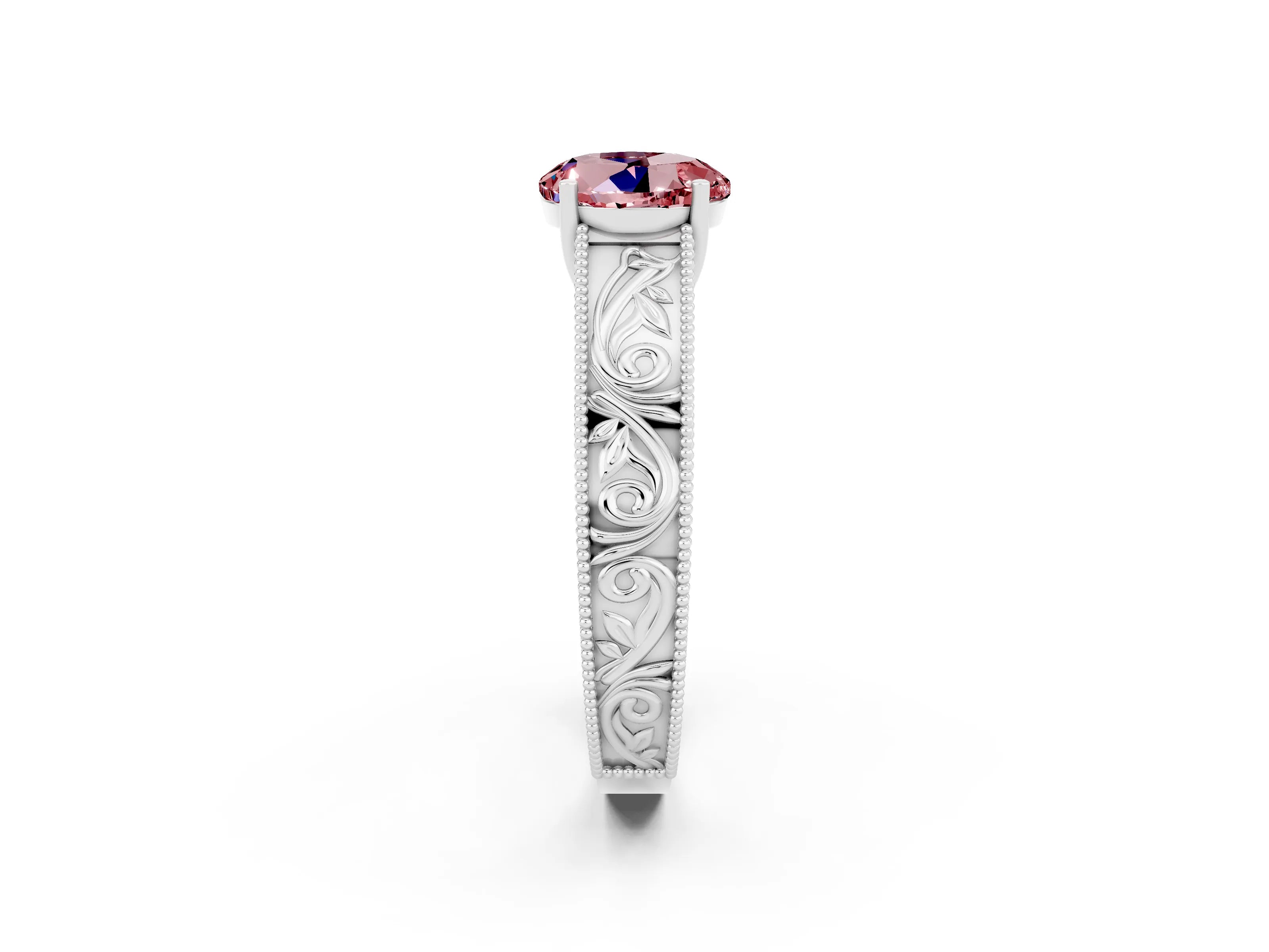 White gold Round Cut Morganite Solitaire Ring with Engraved Band and Four-Prong Setting_2