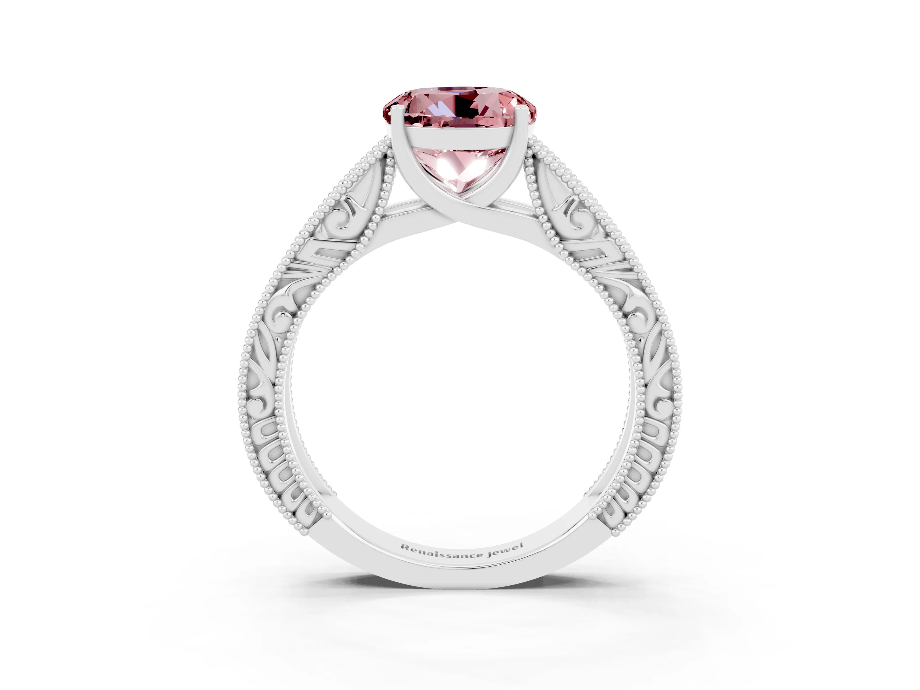 White gold Round Cut Morganite Solitaire Ring with Engraved Band and Four-Prong Setting_3