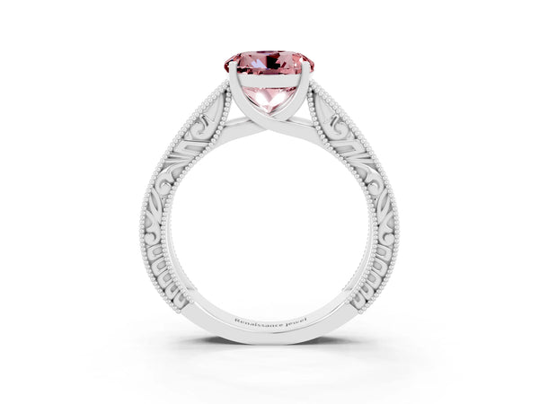 White gold Round Cut Morganite Solitaire Ring with Engraved Band and Four-Prong Setting