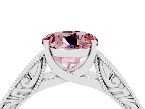White gold Round Cut Morganite Solitaire Ring with Engraved Band and Four-Prong Setting_4